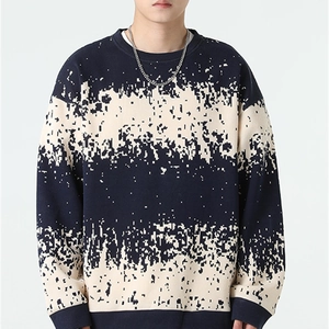 Men's casual knit sweater featuring blue and white pixelated gradient patterns
