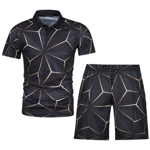Men's summer casual polo set with 3D gold geometric print on black quick-dry fabric