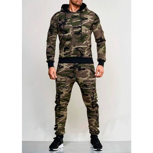 Men's outdoor camo tracksuit with drawstring hoodie and multi-pocket cargo joggers