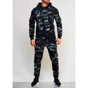 Men's Casual Camouflage Hoodie and Pants Set Sports Tracksuit With Zipper Pockets Ribbed Pleated Sleeve Details Outdoor Workout Jogging Suit For Men Teenagers