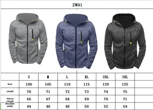 Size chart for men's hooded fleece jacket with chest, length, sleeve, and shoulder dimensions