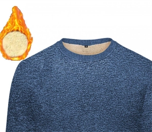 Detail view of men's blue sweatshirt showing warm fleece lining and soft ribbed collar
