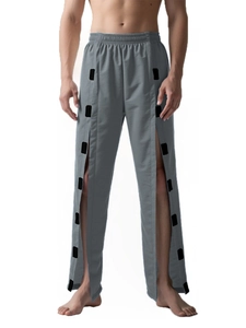 Détail du pantalon de soin gris pour hommes avec ouverture latérale et taille élastique