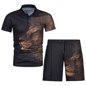Men's summer casual polo suit with 3D lion print and matching shorts in black texture