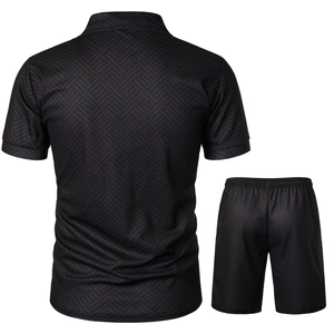 Back view of men's summer black polo suit featuring fine geometric weave texture details