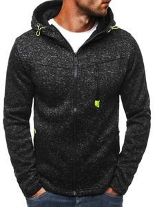 Detail of gray knit hoodie with neon green zippers and adjustable drawstring