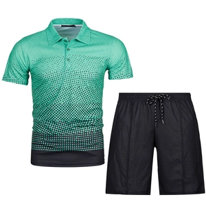 Detail of men's polo set with green gradient 3D pattern and drawstring sports shorts