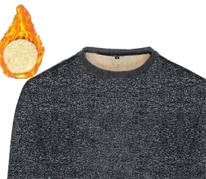 Close-up of men's gray sweatshirt showing thick warm beige fleece lining and knit texture