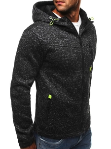 Detail of fleece hoodie featuring neon green zippers and melange grey knitted texture