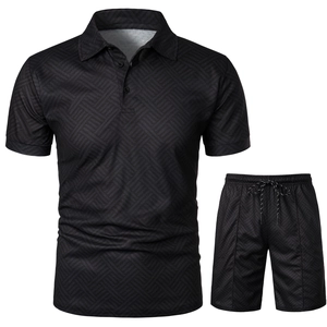 Detailed macro view of the 3D geometric weave texture on this black men's Polo set
