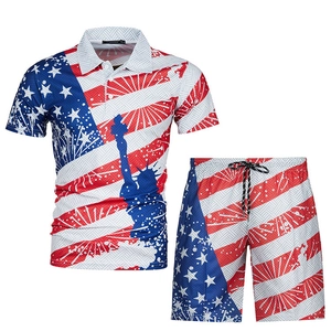 Men's summer casual polo set with 3D Statue of Liberty and US flag star stripes print