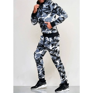 Detail of men's camouflage tracksuit with cargo pockets and hooded sweatshirt design