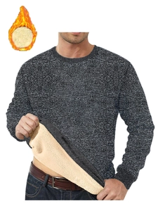 Detail view of men's thick fleece lining inside the dark grey winter knit sweater