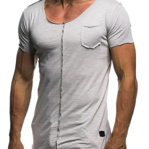 Men's Casual Slim Fit Modal T-Shirt Short Sleeve Round Neck Patchwork Raw Edge Top with Chest Pocket