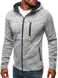 Detail of heather grey fleece hoodie with black zipper and neon yellow decorative accents