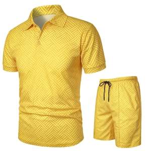 Detail of men's yellow summer polo set showing 3D geometric texture and elastic drawstring