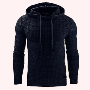 Close-up of men's hooded sweatshirt featuring deep black waffle textured knit fabric