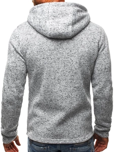 Detailed back view of a men's light grey heather fleece hooded sweatshirt with ribbed hem