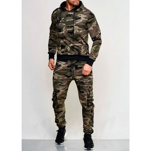 Detailed view of camouflage hoodie and cargo pants set with decorative zippers
