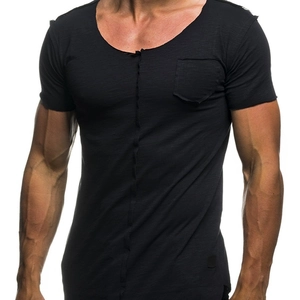Men's slim fit dark grey t-shirt with raw edge crew neck and decorative chest pocket