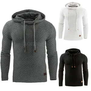 Detail showing jacquard texture and leather tag on men's hooded sweatshirts in three colors