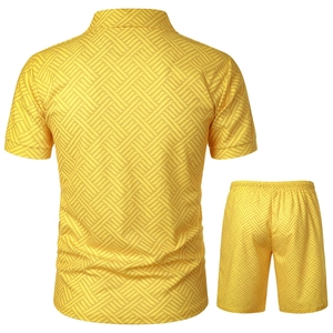 Rear view of men's yellow Polo set featuring 3D geometric texture and elastic waist shorts