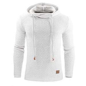 Detail of white men's knitted hoodie showing 3D waffle texture and brown leather label