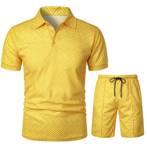 Detail of yellow men's polo set featuring geometric 3D patterns and breathable fabric