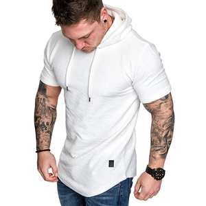 Detail view of white short-sleeved hooded t-shirt with textured fabric and drawstrings