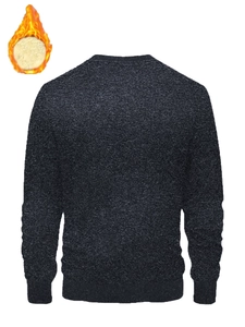 Detail of men's dark grey knit sweater showing warm fleece lining and textured fabric