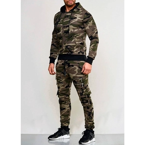 Detail of men's camouflage tracksuit with cargo zip pockets and ribbed sleeve texture