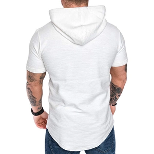 Back view of men's white hooded T-shirt showing waffle texture and curved hemline