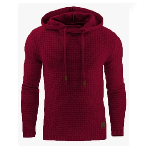 Men's red jacquard knit hoodie with waffle texture and drawstring in a slim fit style