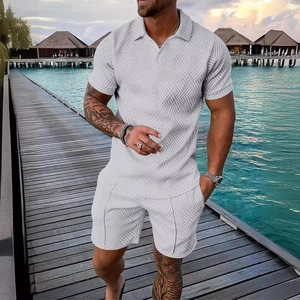 Men's summer 2-piece polo set with geometric 3D texture and shorts in light grey