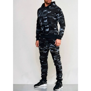 Detail of men's camouflage tracksuit with textured sleeve pleats and ribbed cuffs