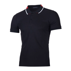 Men's black cotton polo shirt with red and white striped collar and sleeve trim