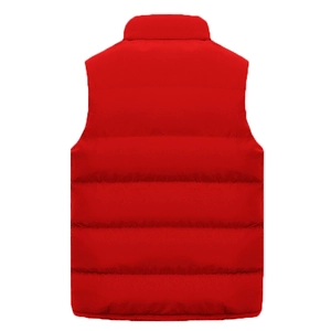 Back view of a red stand collar puffer vest with horizontal quilting for men