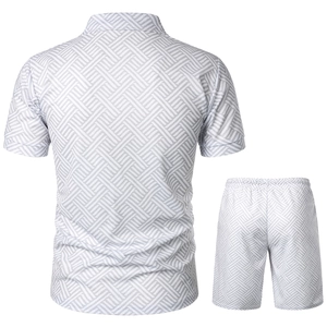 Back view of men's polo set featuring grey geometric 3D prints on breathable white fabric