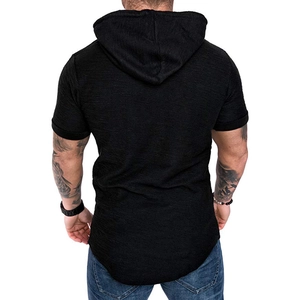 Rear view of black hooded short sleeve t-shirt featuring a stylish curved hemline design