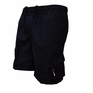 Men's black cargo shorts with elastic drawstring waist and side zipper pockets