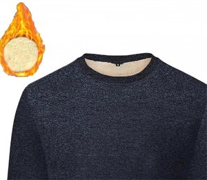 Detail view of men's dark gray knit sweater with warm beige fleece lining and M size tag