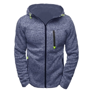 Men's hooded zip-up fleece jacket in blue-white jacquard texture with neon green zipper details