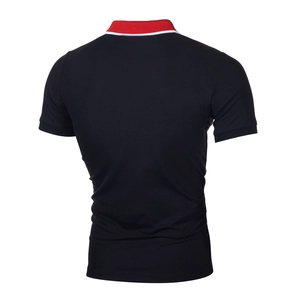 Back view of men's slim fit black polo shirt with red striped collar trim on white background