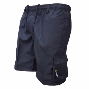 Men's black cargo shorts with elastic drawstring waist and multi-pocket design