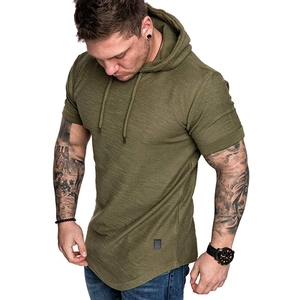 Detailed texture of olive green short sleeve hooded t-shirt with curved hem design