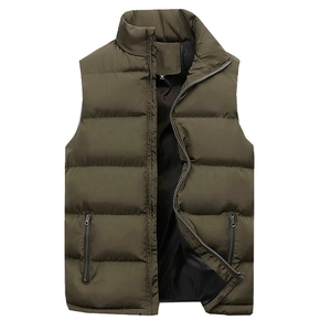Men's casual thermal padded vest in army green with quilted design and stand collar