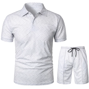 Detail view of men's polo set featuring geometric woven texture and drawstring shorts