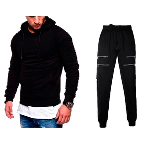 Detail of black hooded tracksuit featuring ribbed sleeve textures and cargo pockets