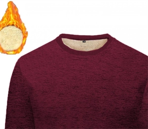Close-up of deep red men sweater featuring thick fleece lining and size M neck label