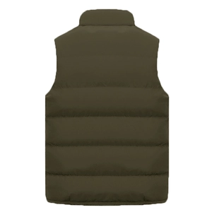 Detail view of the quilted olive green men's vest back with warm padded horizontal sections